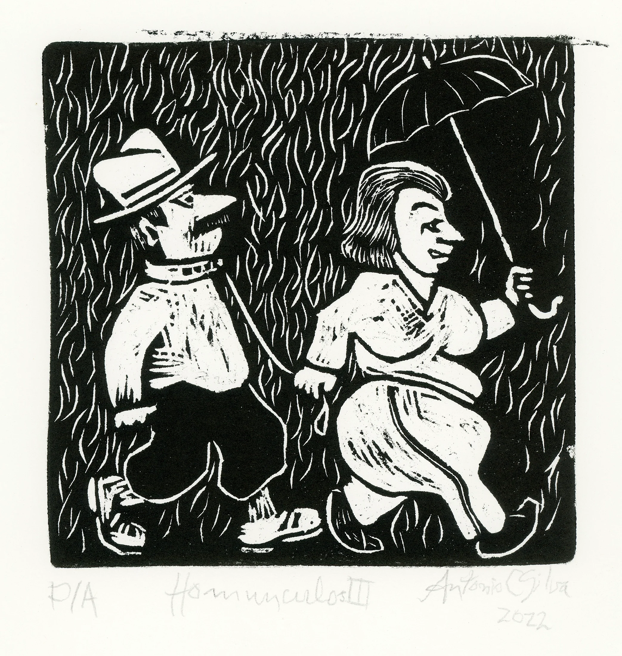 Mulher e homem andando sob a chuva. A mulher está na frente com um guarda-chuva e puxa o homem por uma coleira. Gravura em preto e branco. Assinatura à lápis na parte inferior: “P/A Homúnculos III Antonio C Silva 2022”