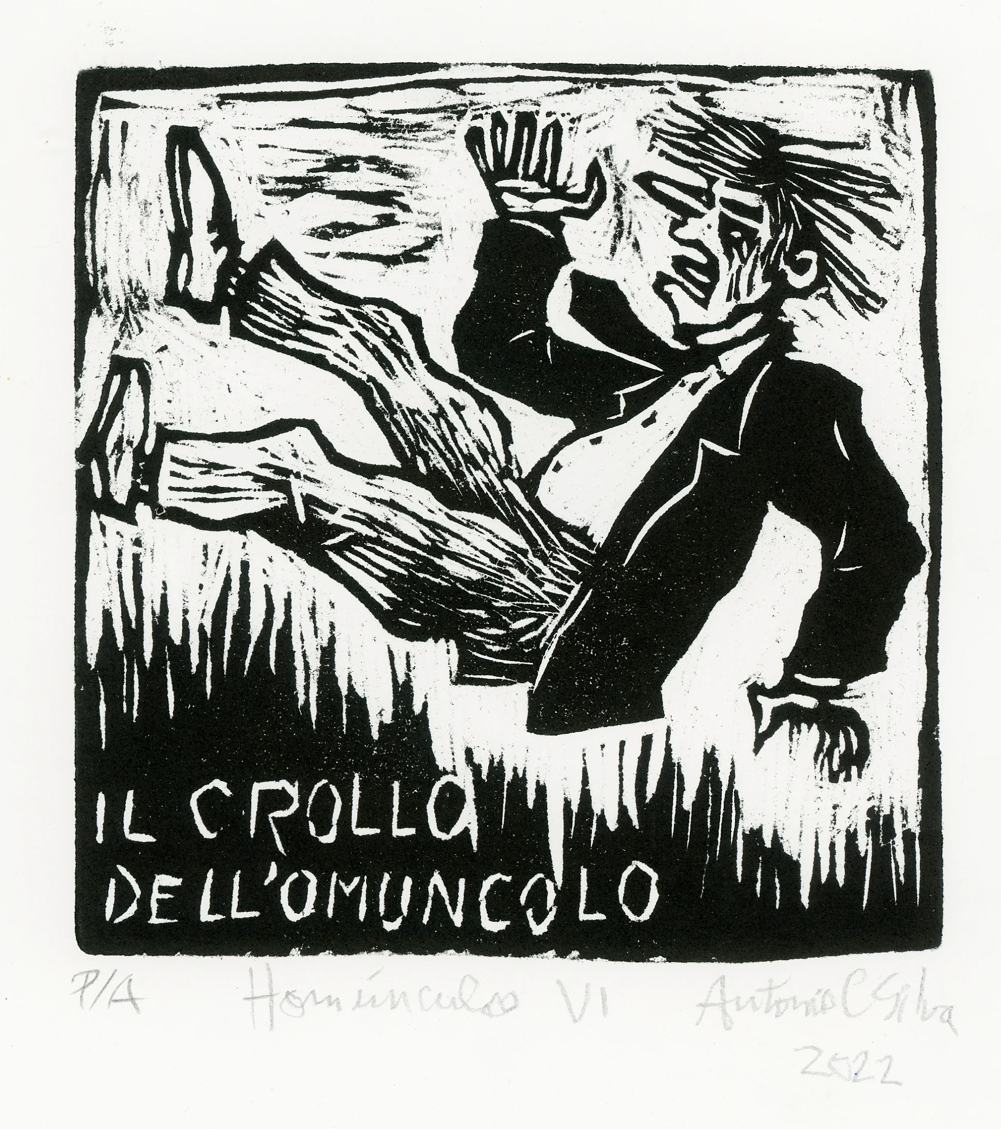 Homem de terno e gravata, em posição sentada, como se estivesse caindo. Abaixo dele, está escrito “Il crollo dell'omuncolo”. Gravura em preto e branco. Assinatura à lápis na parte inferior: “P/A Homúnculos VI Antonio C Silva 2022”