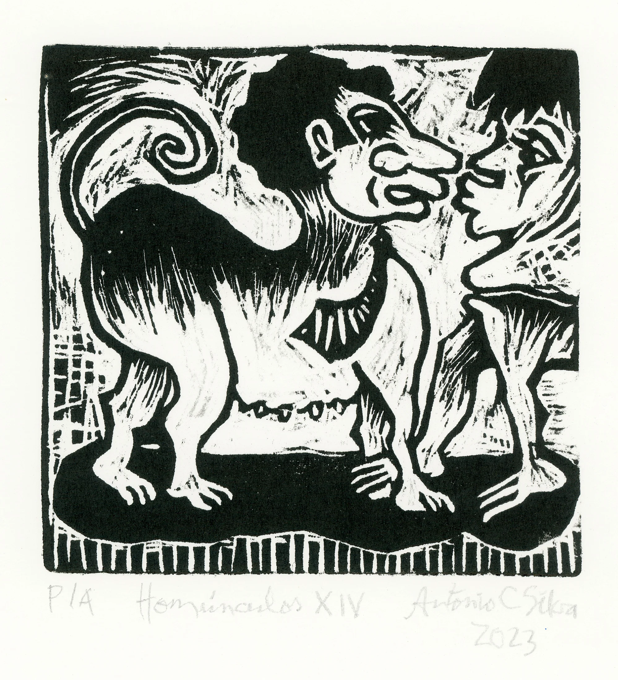Dois seres com corpo de animal quadrúpede e cabeça humana. O da esquerda usa gravata. Gravura em preto e branco. Assinatura à lápis na parte inferior: “P/A Homúnculos XIV Antonio C Silva 2023”