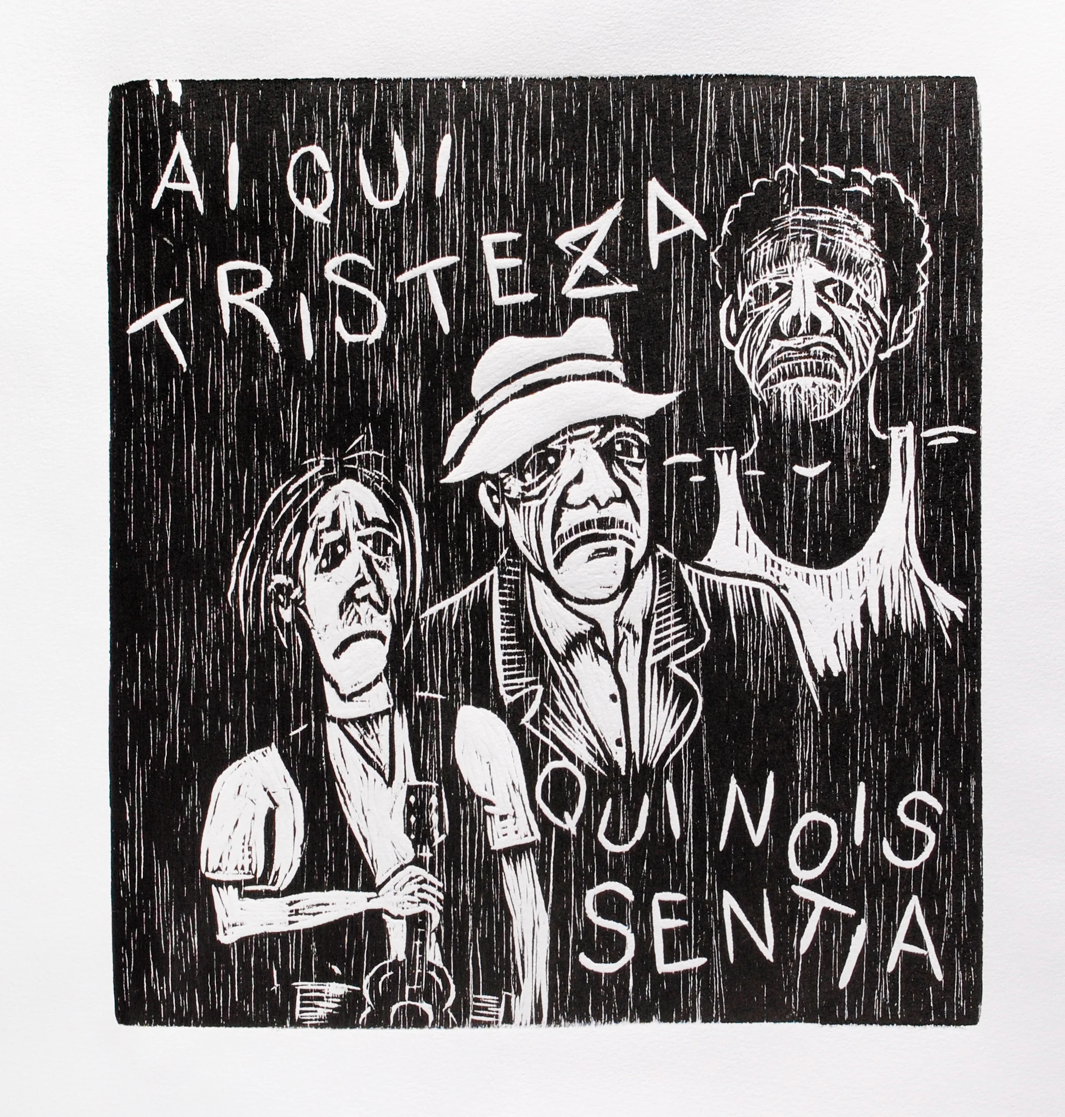 Joca, o narrador e Mato Grosso com feições tristes. Joca segura o violão. Texto: “ai qui tristeza qui nois sentia”. Gravura em preto e branco