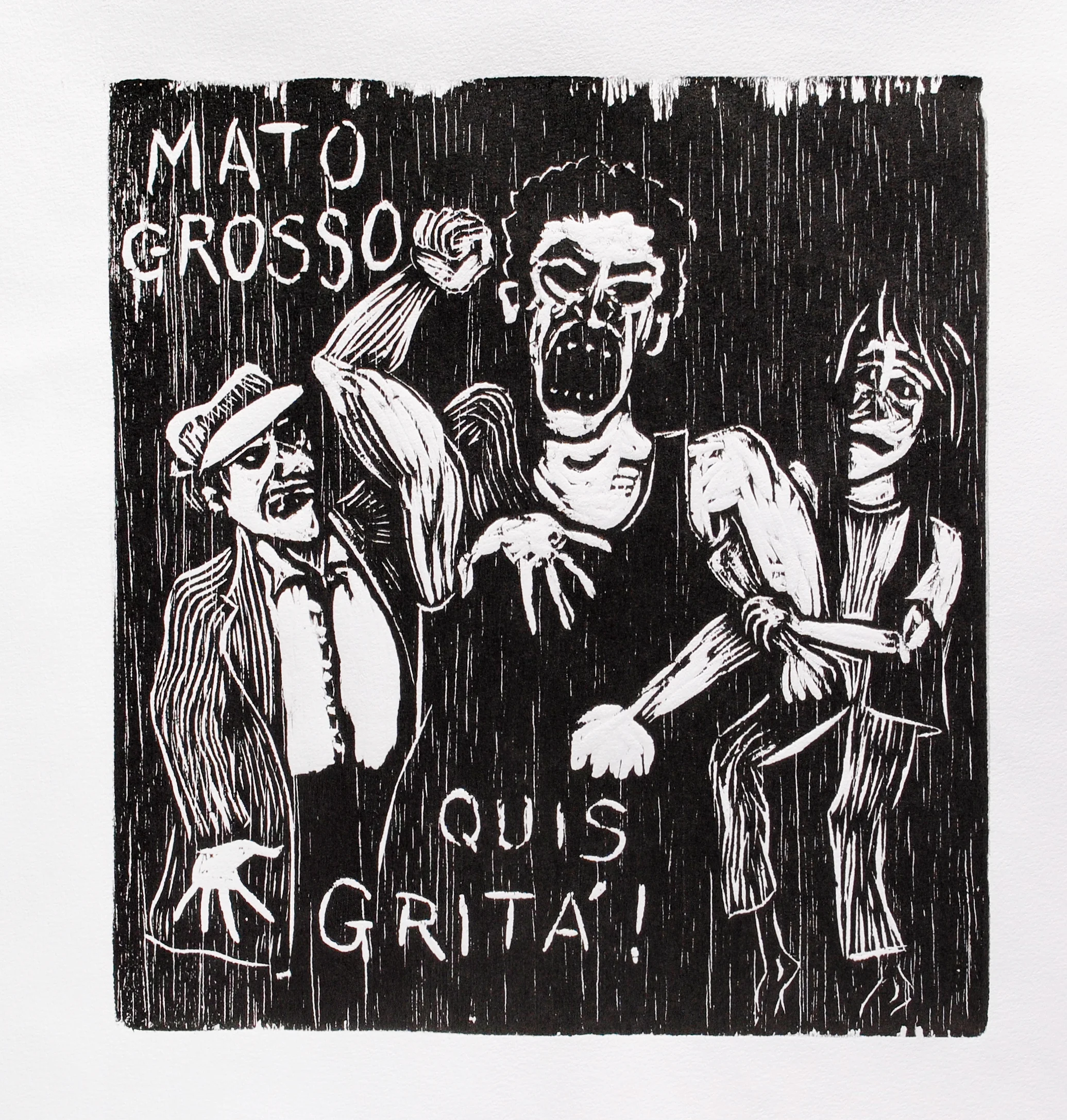 Personagem Mato Grosso em primeiro plano com o punho levantado e expressão nervosa, sendo segurado pelo narrador e por Joca. Texto: “Mato Grosso quis gritá!”. Gravura em preto e branco