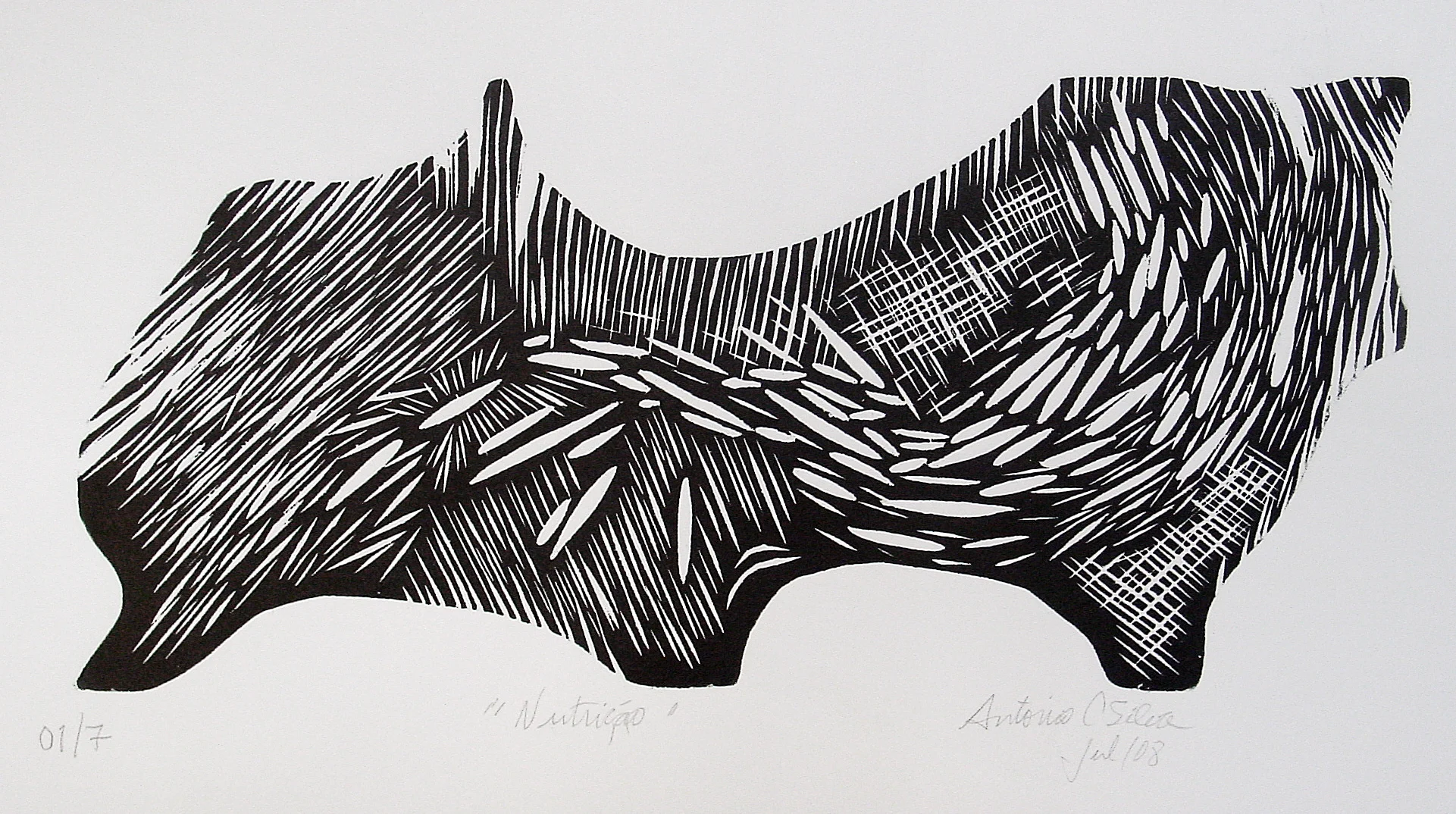 Forma abstrata horizontal preenchida com traços que se alternam entre finos, grossos, curtos e compridos. Gravura em preto e branco. Assinatura à lápis na parte inferior: “01/07 “Nutrição” Antonio C Silva jul/08”