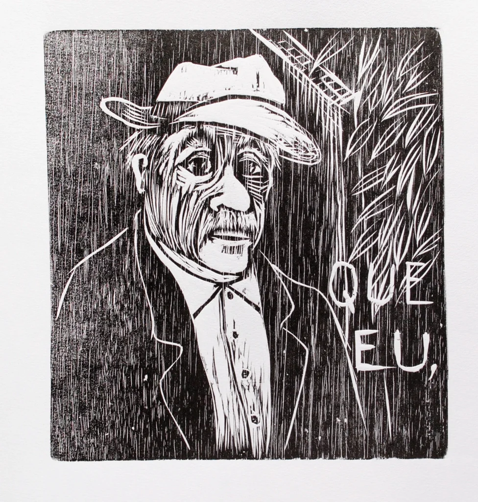 Homem de idade, retratado do tórax pra cima, de paletó e chapéu. Texto: “que eu”. Gravura em preto e branco.