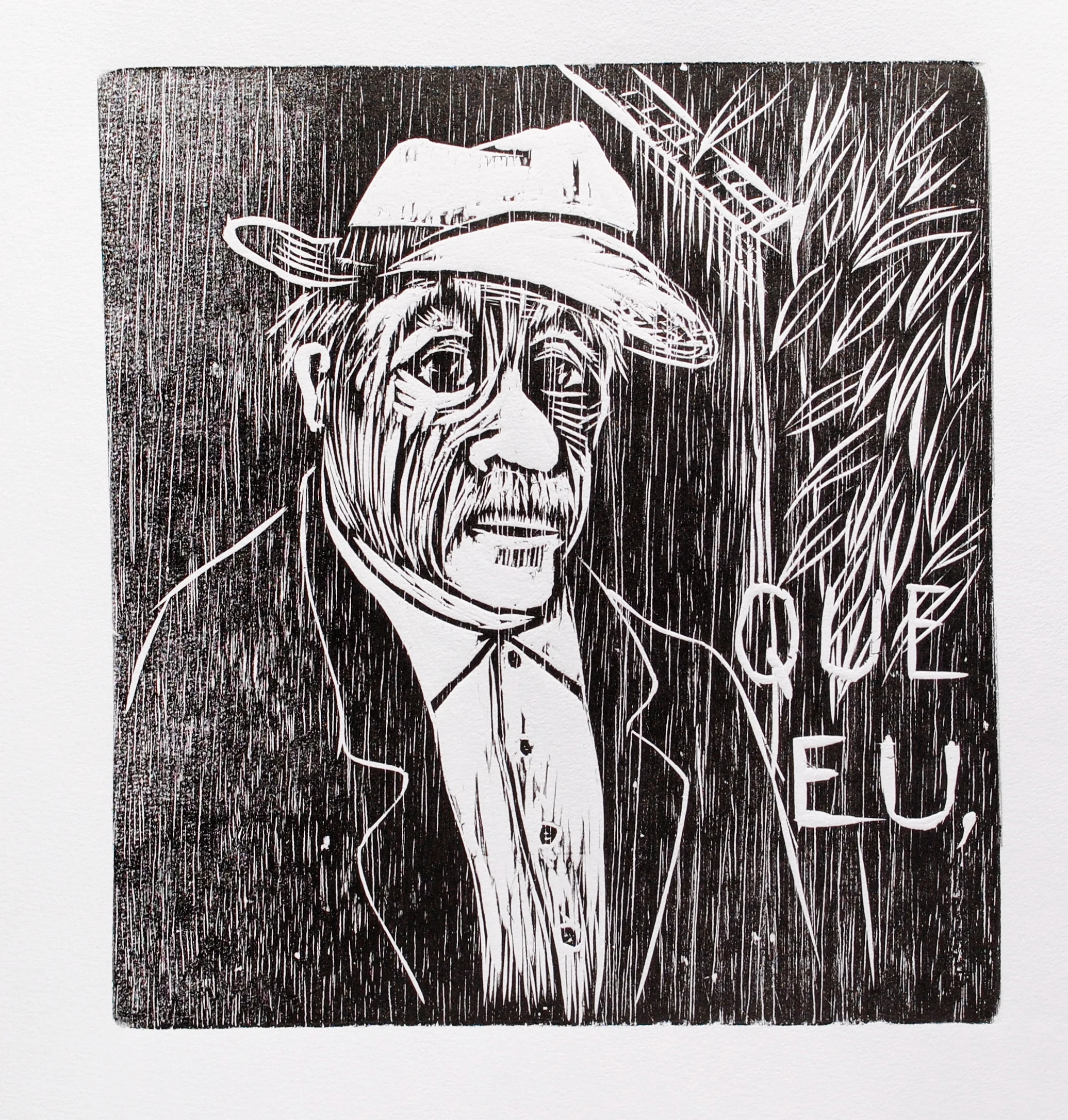 Homem de idade, retratado do tórax pra cima, de paletó e chapéu. Texto: “que eu”. Gravura em preto e branco.